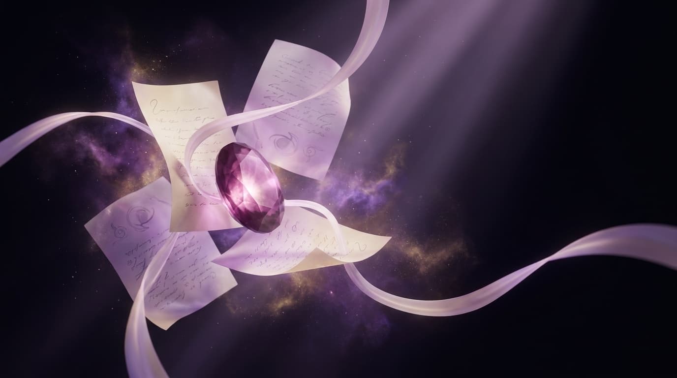 A faceted plum gem catching light against a dark editorial backdrop