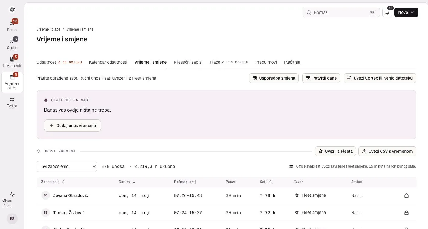 Vrijeme i smjene u Officeu sa satima uvezenima iz Fleet smjena
