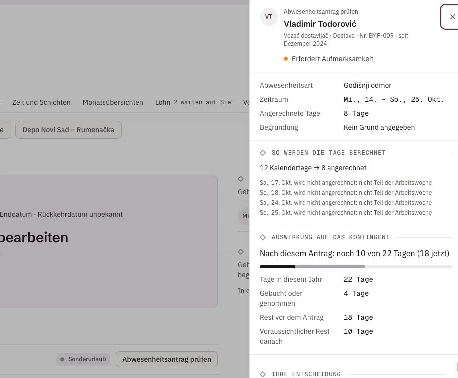 Ein Abwesenheitsantrag in Office mit der Berechnung der Tage und dem Kontingent vorher und nachher
