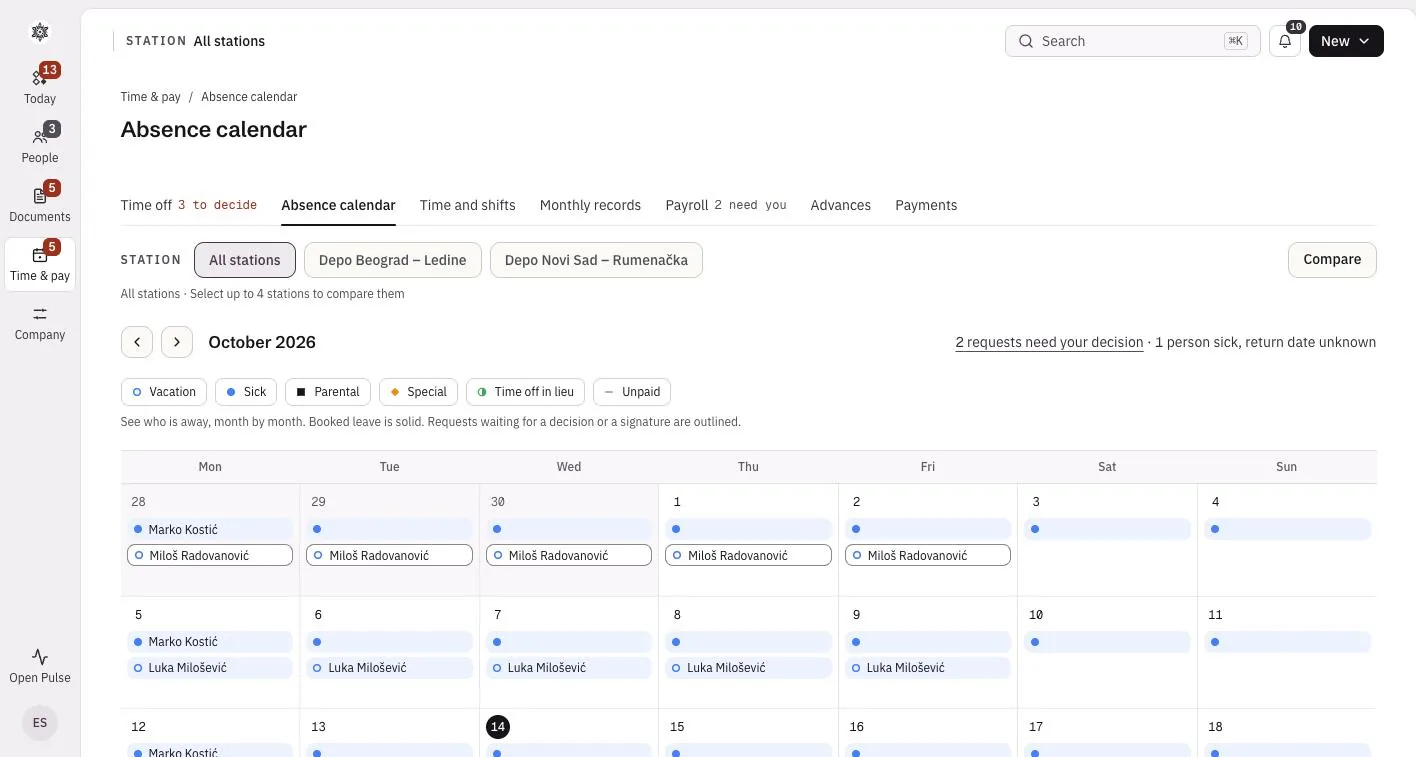 The absence calendar in Office for all stations