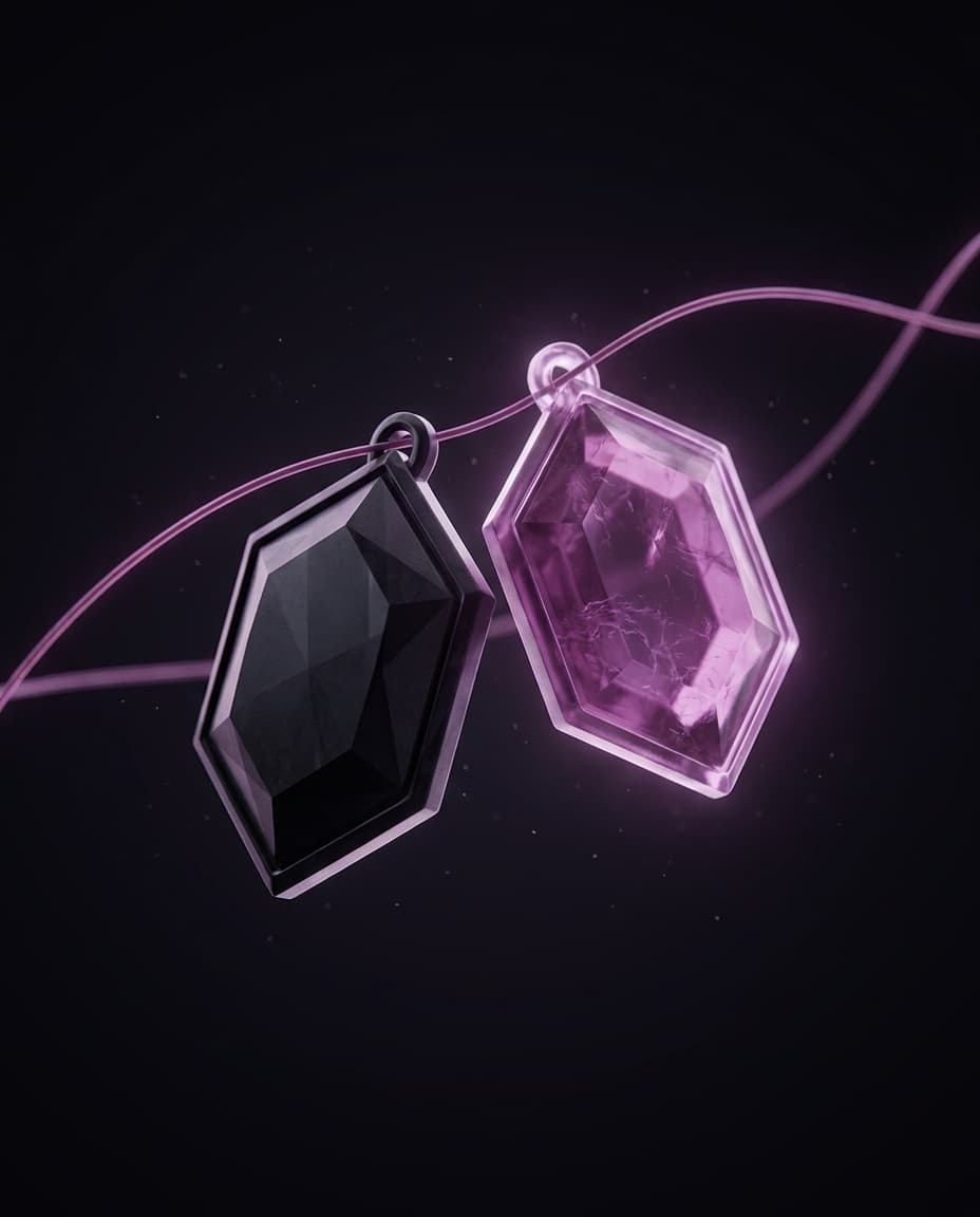 Two faceted medallions, one ink and one plum, linked by a single thread of light
