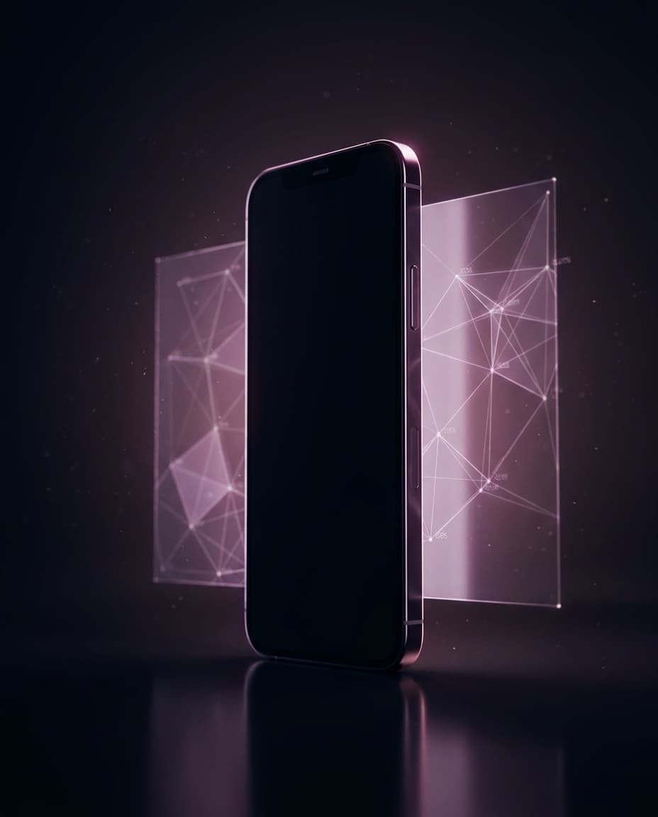 Tamni pametni telefon i lebdeća web ploča blistaju mekim sučeljem boje šljive