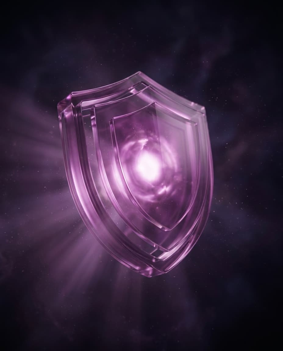 A glowing plum shield of layered glass plates protecting a bright core of light