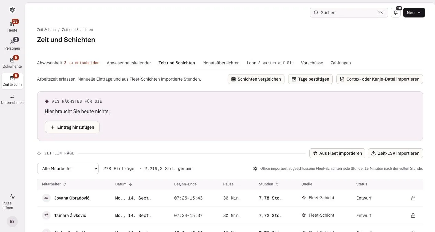 Zeit und Schichten in Office mit aus Fleet-Schichten importierten Stunden
