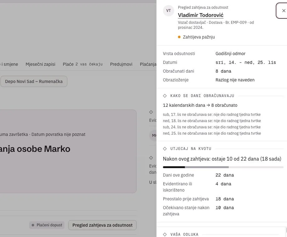 Zahtjev za odsutnost u Officeu s izračunom dana i stanjem kvote prije i poslije