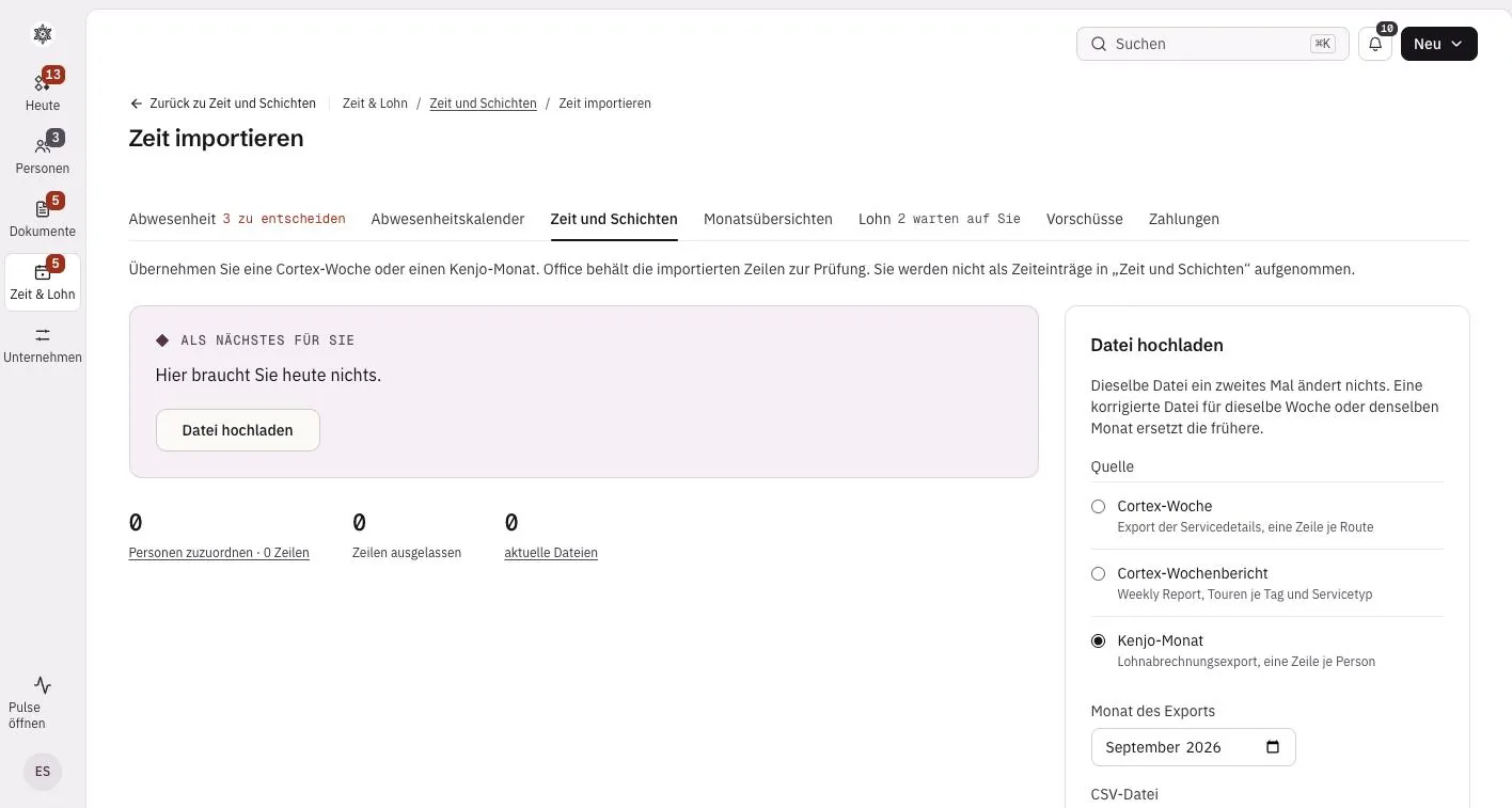 Der Importbildschirm in Office mit ausgewähltem Kenjo-Monat